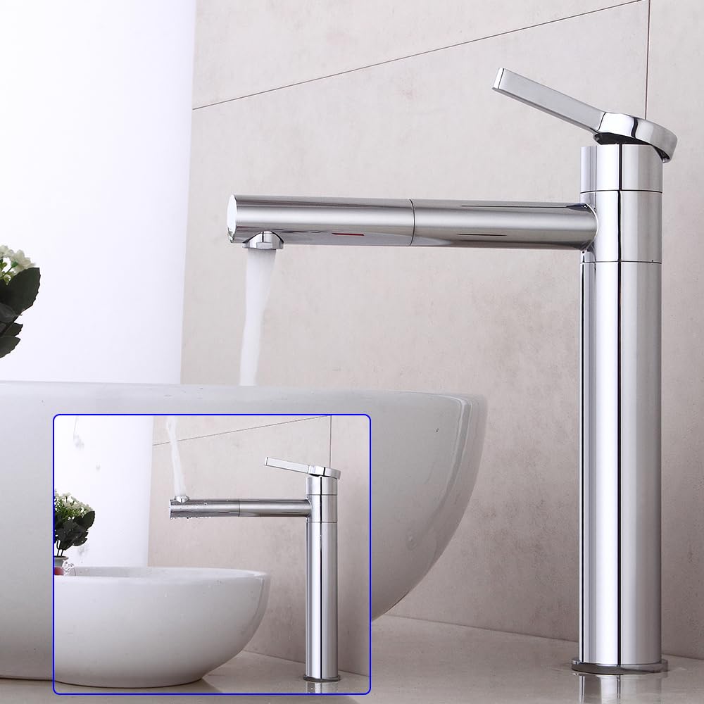 Rubinetto da bagno con rubinetto girevole a 360° e beccuccio, per bagno con beccuccio, altezza 22,5 cm, in ottone, per lavandino, acqua fredda e calda, per ospiti, WC, bagno