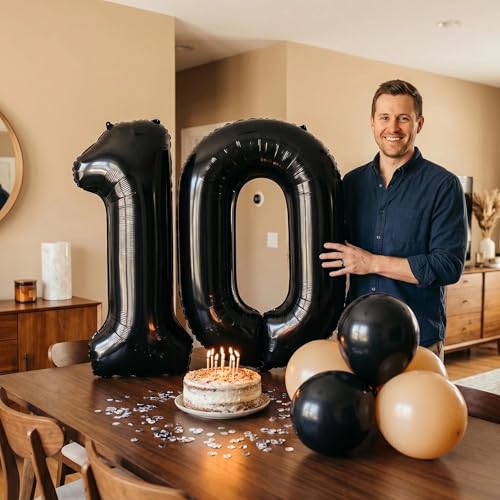 Image of Number 10 Balloon Foil Mylar Balloons for Birthday Party Decoration (Black, 32 Inch)