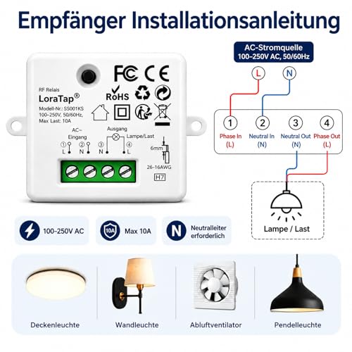 Funk Lichtschalter Set mit 1 Fernbedienung und 1 Empfänger, 230V Funk