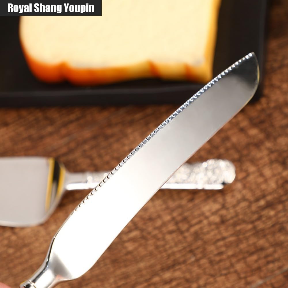2-piece Light Luxury Classical Style Exquisite Carved Cake Blade Server Set Bread and Pizza Cutting Tool Scraper Household Tableware (Silver)