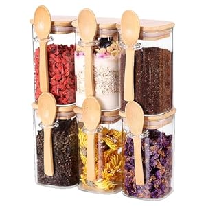 SAIOOL (Square Glass Food Storage Jars 15 OZ Set of 6,Kitchen Clear Glass Food Canisters with Bamboo Lid Airtight For Serving Herbs Tea, Coffee, Flour, Sugar, Salt, Cookie, Spices