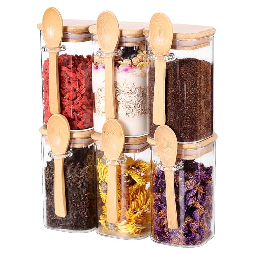SAIOOL (Square Glass Food Storage Jars 15 OZ Set of 6,Kitchen Clear Glass Food Canisters with Bamboo Lid Airtight For Serving Herbs Tea, Coffee, Flour, Sugar, Salt, Cookie, Spices