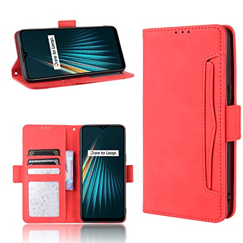 QiongNi Case for Oppo Realme 5i Case Cover,Case for Oppo Realme 5i RMX2030 Case Flip Pu Leather Cover Red