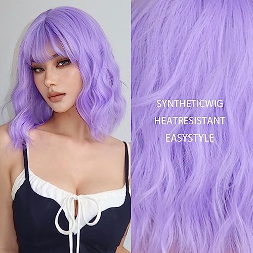 Perruque synthétique violet bleu à frange - Carré court bouclé