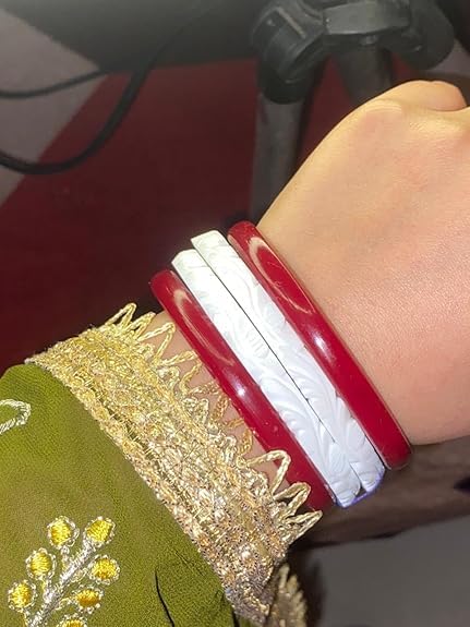 Image of HAPPYCRAFT Original Shakha Pola Bangles for Married Women (Pack of 4) | Traditional Bengali Red White Bangles Set | Daily Ritual Puja | Classic Ethnic for Traditional Bengali Saree Styling