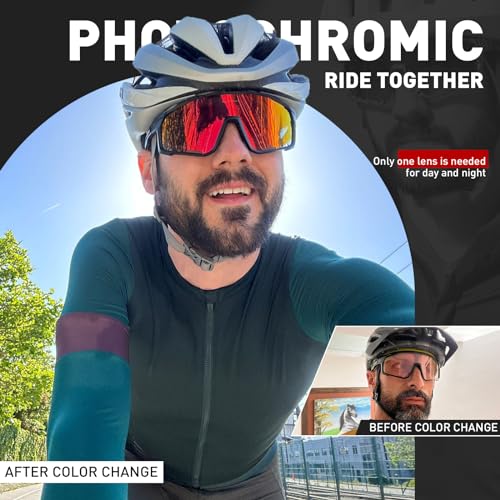 KAPVOE Photochromic Sunglasses Cycling Glasses Men Women Mountain Bike MTB Bicycle Red Black 01, RE-01, 5.6 x 1.7 inch - Image 2