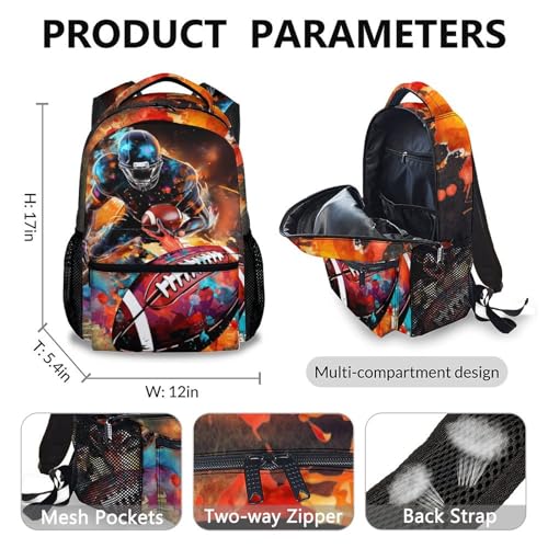 School Backpack for Kids, American Football Backpacks Set Gift for Boys Age 6-18, Kids Bookbag with Lunchbag Matching Combo, Football Schoolbag with Pencil Case Bundle Supplies2