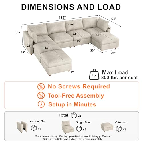 Image of 128'' Faux Leather Modular Sectional Sofa with Storage, Oversized Mid Century Modern Leather Sectional Couche for Living Room, 4 Seater Deep Seat Couch with 3 Storage Ottoman, U-Shaped, Beige
