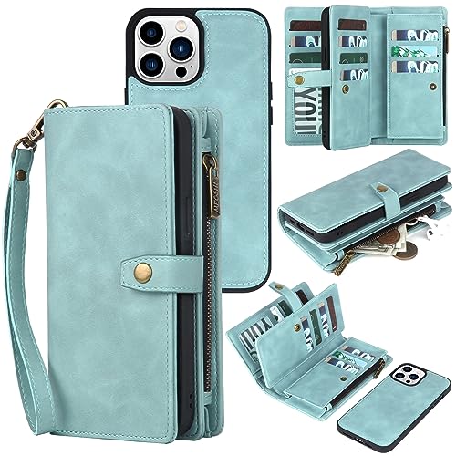 TwoHead Wallet Case Compatible with iPhone 15 Pro Max,Detachable Magnetic Phone Case,All-Round Shockproof Protective Leather Phone Case with Card Holder,6.7 in,Blue