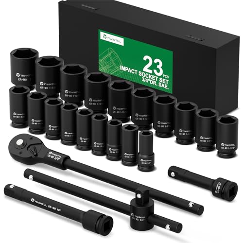 Image of 3 /4 inch Drive Deep Impact Socket Set, 23 Pcs SAE Sizes 3 /4 inch to 2 inch | 24T Ratchet Wrench, 18 inch Sliding T-Bar & Extension Bars, CR-MO Steel, Heavy Duty Impact Socket for Truck & Equipment Repair