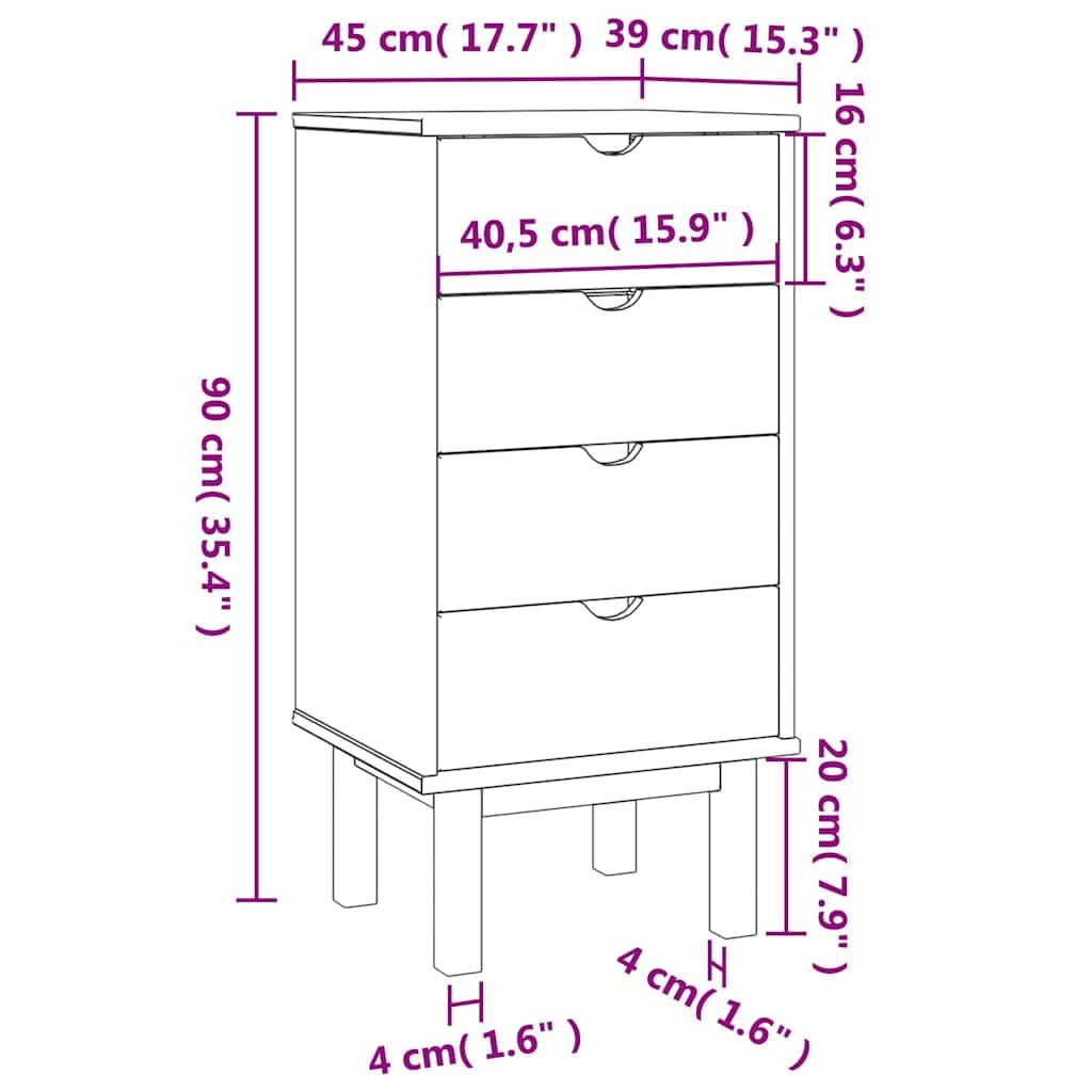 Cassettiera OTTA, 45 x 39 x 90 cm, in legno di pino massiccio, con 4 spaziosi cassetti, stile scandinavo, piano superiore stabile, ideale per soggiorno, camera da letto, corridoio, con