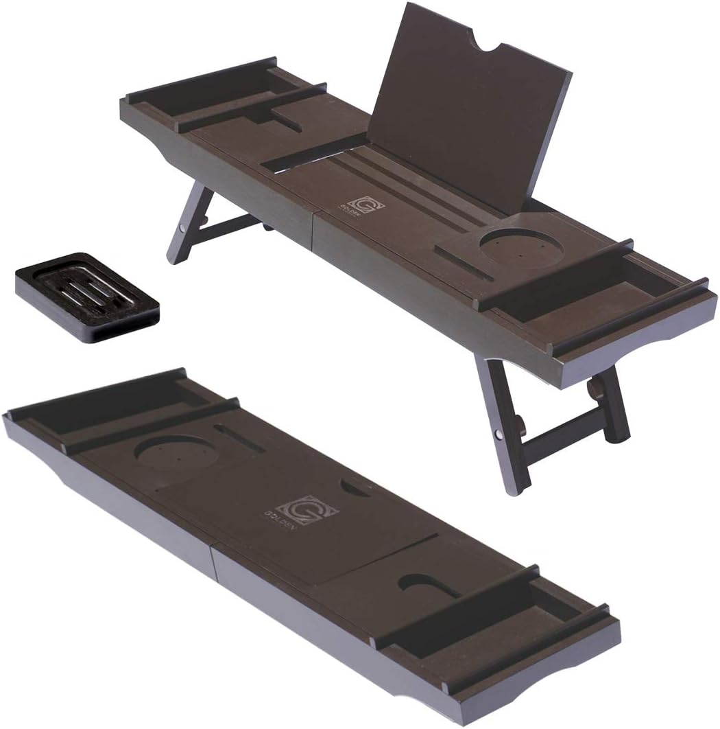 3-in-1 Premium Bathtub Caddy, Laptop Desk & Bed Tray with Extendable Arms and Adjustable Legs - Includes a Free Soap Dish, Two Spa Trays and Tablet/Wine Glass/Candle/Phone Holders - Brown Bamboo Color