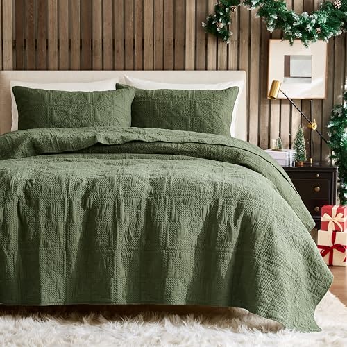 WDCOZY Olive Green Christmas Quilt King Size, 100% Cotton Lightweight Reversible Bedding Set with...