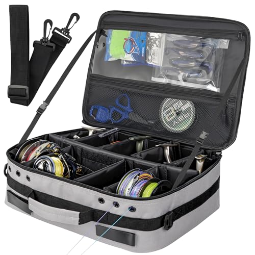 THKFISH Waterproof Fishing Reel Case and Fishing Line Storage Bag with Removable Shockproof Compartments Holds more than 12 Reels or 24 Spools