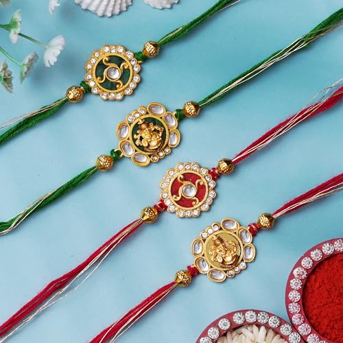 Image of eCraftIndia Set of 4 Multicolor Floral & Lord Ganesha Religious Designer Rakhis, Best Bro Ever Fridge Magnet with Roli Chawal Pack - Rakhis for Brother, Bhabhi, Kids