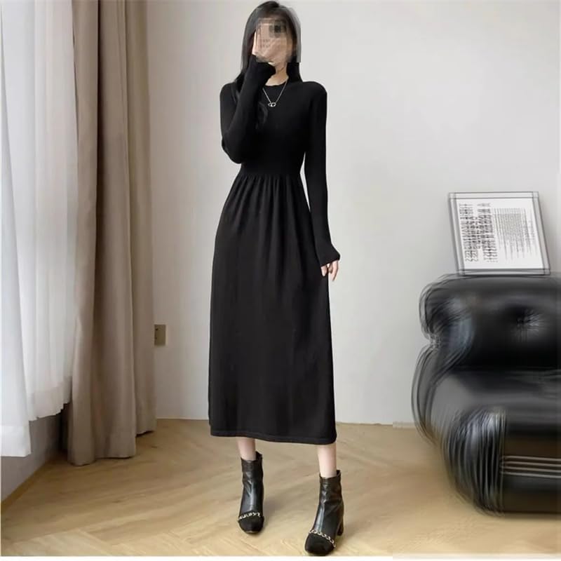 Vestido de punto simple casual ajustado para mujer, cuello redondo, manga larga, acampanado, vestido largo