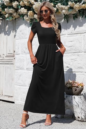 AUSELILY Women's Maxi Dresses with Pockets Petal Short Sleeve Square Neck Casual Long Dress 20252