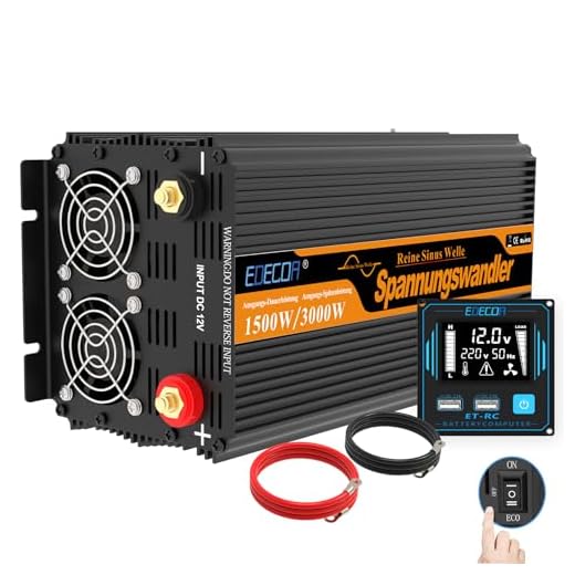 EDECOA Spannungswandler 12v 230v Wechselrichter 12 auf 230v Reiner Sinus 1500w Konverter mit Fernbedienung LCD und 2 USB Wandler (1500w 12v)