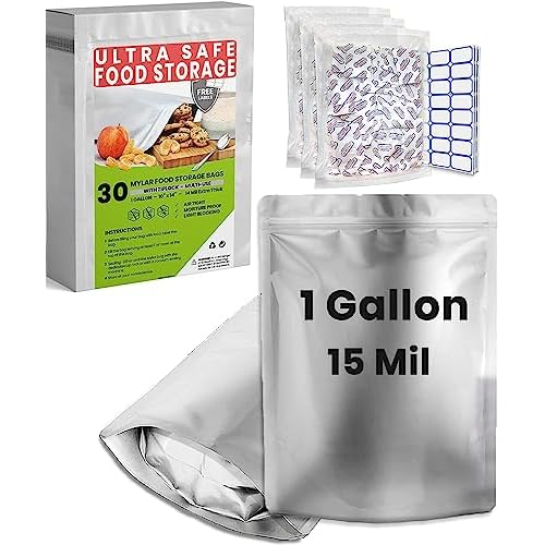 30 Mylar Bags for Food Storage 1 Gallon – Extra Thick 15 Mil – Long Term & Food Grade – Mylar Bags with Oxygen Absorbers 400cc- Zipper, Resealable, Stand-up Gousset – Bolsas Mylar con Abosrbentes