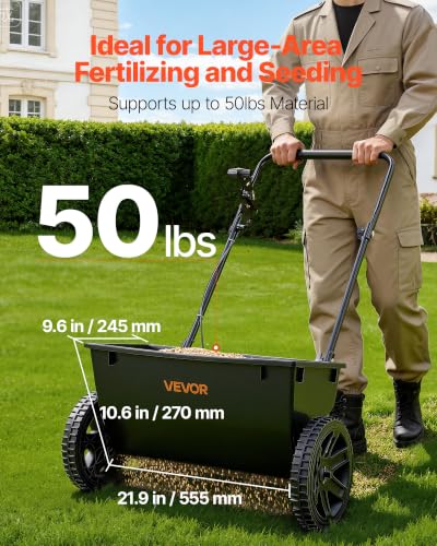 Image of VEVOR Broadcast Spreader 50 lbs Capacity Drop Spreader with Hopper Grate | for Lawn & Garden Care, 18 in Spreading Width & 30 Adjustable Settings, 10 in All Terrain Tires for Seed, Fertilizer, Black | For Lawn & Garden Care, 18 in Spreading Width & 30 Adjustable Settings, 10 in All Terrain Tires for Seed, Fertilizer, Black