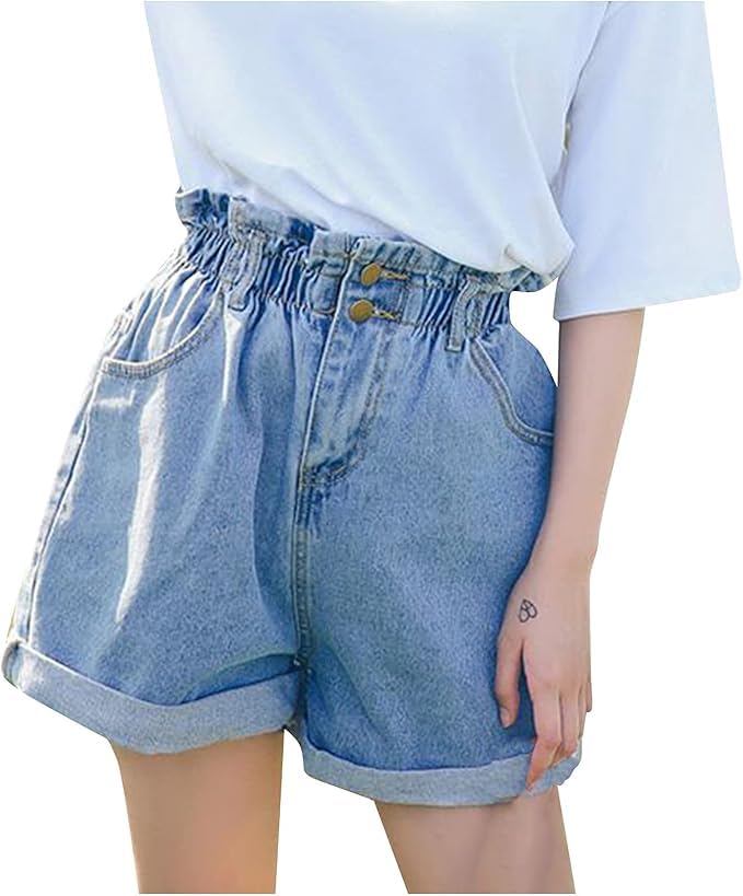 Short en Jean Short d'été Large Femmes décontracté Taille Haute Pantalon d'été Court (FR/ES, Alpha/Lettres, TG, Taille Normale, Taille Normale, Bleu)