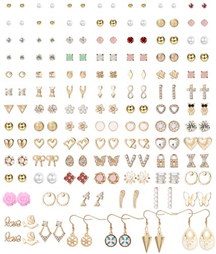 Thunaraz 90Pairs Assorted Multiple Small Stud Earrings Sets for Women Multipack Simple Cute Bar Star Moon Triangle Geometric Arrow Flower Bow CZ Ball Faux Pearl Earrings Set