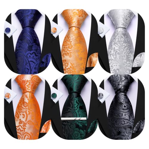 Image of Barry.Wang Men 6PCS Tie Silk Gift Necktie Clip Woven Tie Sets Party | Men Tie Classic Silk Gift Necktie With Tie Clip Jacquard Woven Neck Ties 6PCS Formal Wedding