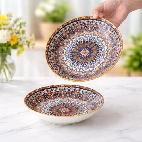 Image of 6-Piece Ceramic Dinner Set, 2 Plates & 4 Bowls, Microwave Safe, Dishwasher Safe, Floral Dinnerware (Orange MANDLA, 2 Plate & 4 Bowl Set)