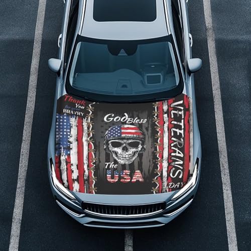 Image of Car Hood Cover Protector Waterproof Auto Hood Wrap Blankets Veterans Day Decorations Auto Patriotic Decorative Accessories for Sedans SUVs Pickup Trucks (USA Flag Skeleton Soldier Design)