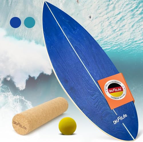 DH FitLife Tabla de Equilibrio de Madera Natural con Rocker Shape, Surfboard Interior para Niños y Adultos, Balance Board Multiejercicios para Coordinación, Incluye Rueda y Bola