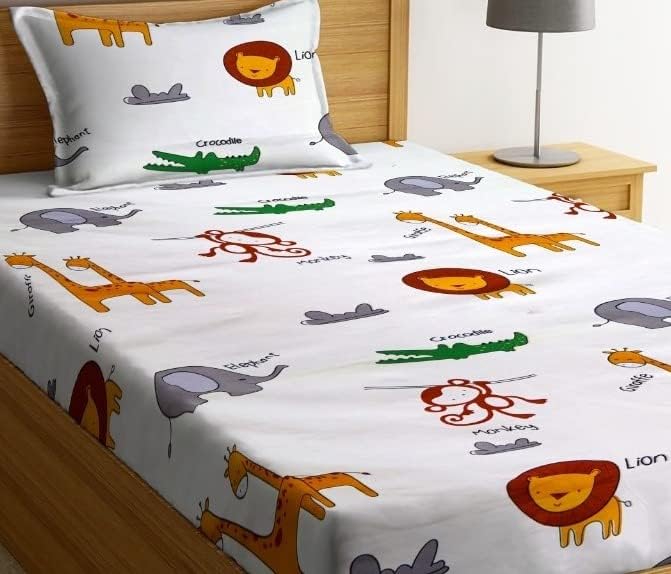 Image of NHD HOME Premium Glace Cotton 180 TC Flat Single Bedsheets For Summer Breathable | Wrinklefree (Size-60 X 90 Inch) With 1 Pillow Covers (Size-17 X 27 Inches, Kids Animal Printed),Multicolour