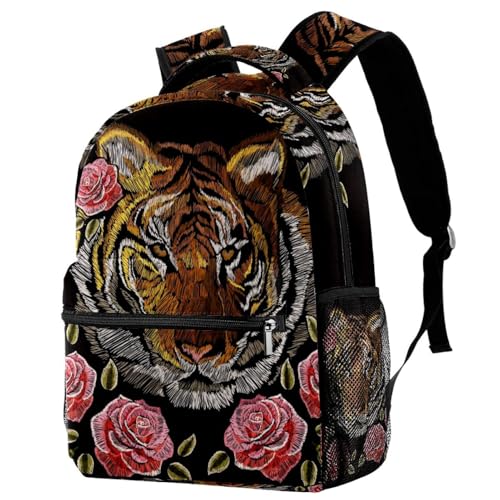 Sac à dos d'école multicolore avec tigre brodé et fleur pour fille et garçon