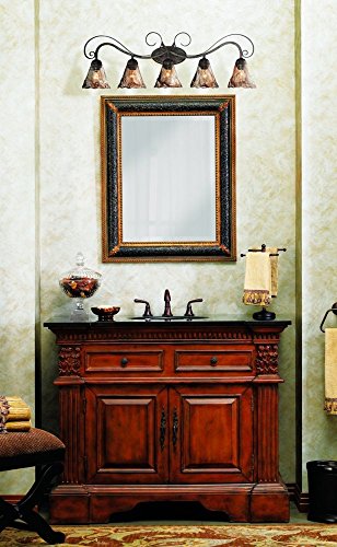 Image of Franklin Iron Works Amber Scroll Rustic Vintage Wall Mount Light Golden Bronze Silver Metal 37 1 /4 inch Wide 5-Light Vanity Fixture Organic Art Glass Shades Decor for Bathroom Over Mirror House Home