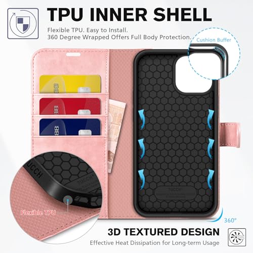Image of TUCCH Wallet Case for iPhone 13 (6.1 inch) 2021, 3 Card Holders, Rose Gold | RFID Blocking, Viewing Stand, Shockproof TPU Shell, PU Leather, Magnetic Closure, Protective Folio Flip Cover