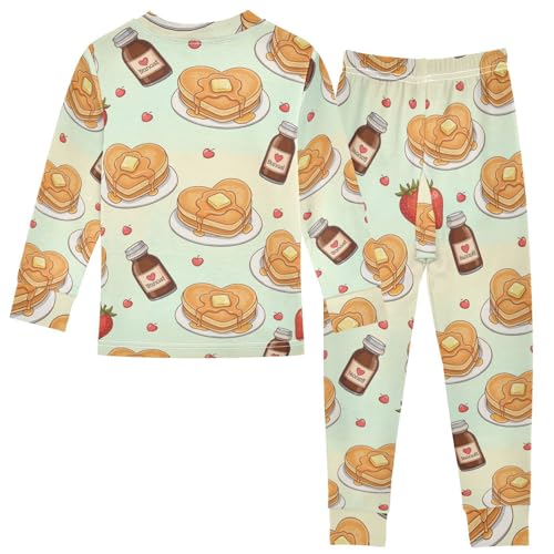 Pajama Sets Long Sleeve Heart Shaped Pancakes Pattern Soft Comfy Sleepwear 2 Piece PJS 3-8T3