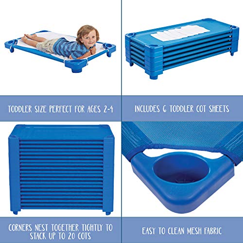 Ecr4Kids Toddler Naptime Cot With Sheets, Stackable Daycare Sleeping Cot For Kids, 40" L X 23" W, Ready-To-Assemble, Blue (Set Of 6) #TOP2