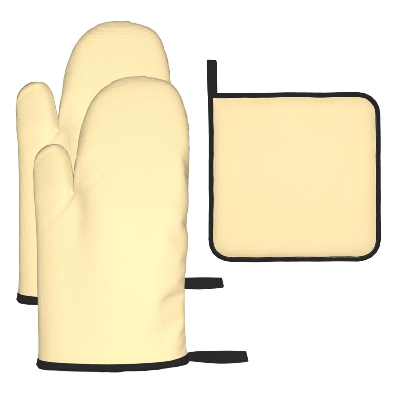 Light yellow Oven mittens and oven mitts three-piece set suitable for oven, grilling, baking, microwave and home cooking.