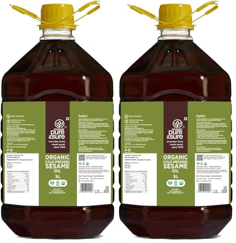 Image of Pure & Sure Organic Cold Pressed Sesame Oil 5Ltr (Til ka Tel) | 100% Natural Kolhu /Kacchi Ghani /Chekku | Pure Cold Pressed Edible Oil | No Additives & Chemical Free (Pack of 2)