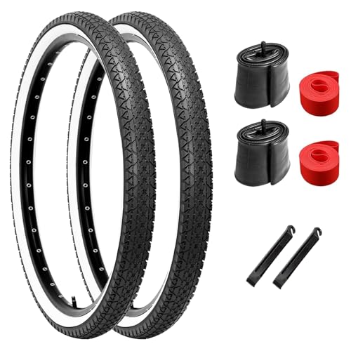 2-Pack Bike Tire, 26x2.125 Inch Folding Replacement Bicycle Tires and Pair 26-inch Inner Tubes with Tire Levers for Beach Cruiser Urban City Commuter Bike - White Walled (Black)