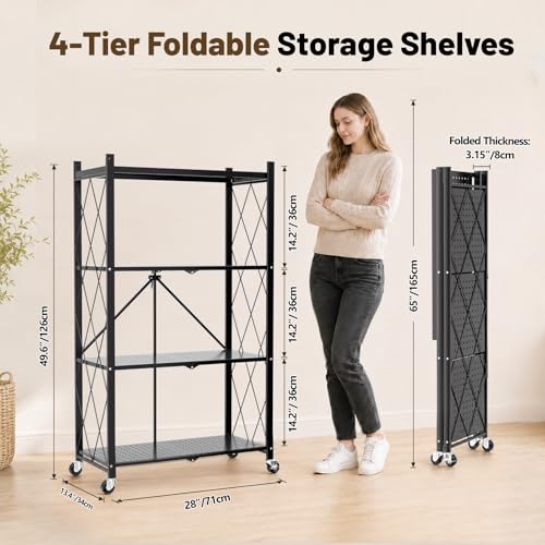 Image of 4 Tier Foldable Metal Storage Shelves on Wheels No Assembly