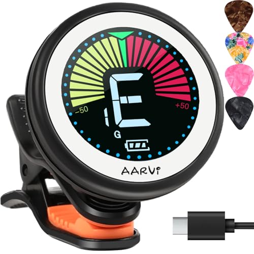 Image of Clip on guitar tuner rechargeable, for all instruments, acoustic /electric guitar, ukulele, bass, violin, Banjo, color LCD, semitone tuner, 4 Pack Guitar Picks Included