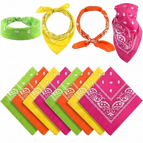 Blulu 12 Pack Neon Bandanas Bulk Multi Purpose Paisley Cowboy Bandanas for Men Women Headband Western Music Festival Rave(Orange Yellow Green Rose Red)