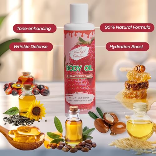 Image of Body oil designed for Deep Hydration to nourish, protect, and rejuvenate the skin while leaving it with a soft, radiant glow and a strawberry scent long -lasting fragrance, jojoba oil and more 6.76oz