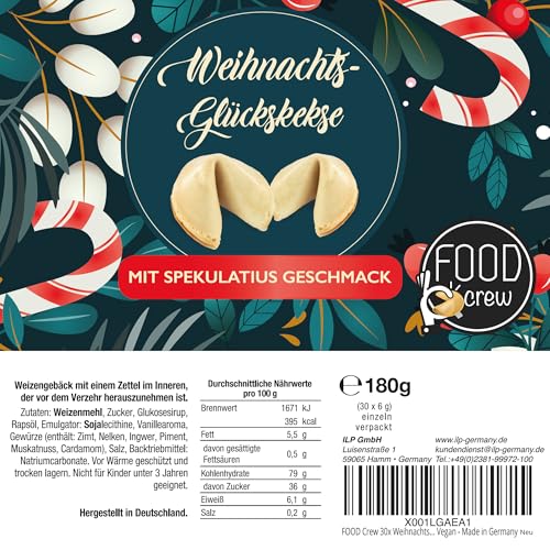 FOOD Crew 30x Weihnachtsglückskekse mit Spekulatius Geschmack - Süßigkeiten für Weihnachten - Veganer Glückskekse Einzel