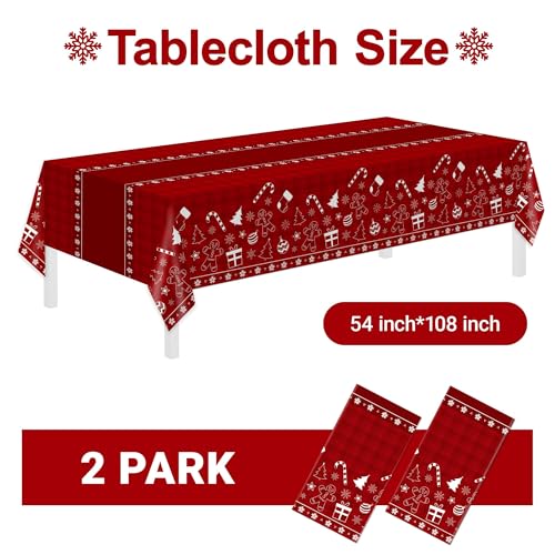 Image of Childom 2 Pack Christmas Tablecloths Disposable,Christmas Decorations,54 x 108 Inch,Plastic Table Cloths for Rectangle Tables,Red Themed Checkered Table Covers for Xmas,Indoor,Outdoor,Birthday,Parties