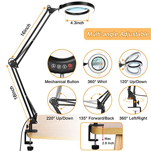 5X Large Magnifying Glass With Light And Stand, Krstlv 2 X 16 Inch Swivel Arm Led Desk Lamp With Clamp, 5 Color Modes Stepless Dimmable Lighted Magnifier Hands Free For Close Work, Craft, Hobby, Black #TOP2