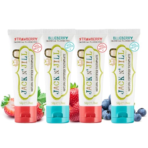 Image of Jack N' Jill Natural Toothpaste for Baby and Infants - Fluoride Free Training Toothpaste, 40% Xylitol, BPA Free - Strawberry & Blueberry, 1.76 oz (Pack of 4)