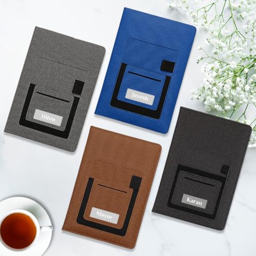 Image of Giftana Personalized Diary with Name, Customized Jute Pocket Notebook Diary For Office Use With Mobile & Card Holder Or Pen Loop Organiser Diaries, Personalised Diwali Corporate Gifts for Employee (Black)