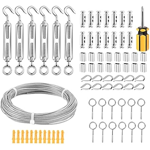 Abimars Wire Rope Kit 2mm, 30m Stainless Steel Wire Rope Set with Snap Hook, Steel Pad Plate,Screwdriver Tool, 304 Handing Wire ,for Climbing Plants,Hanging Photos,Party Decoration Cover