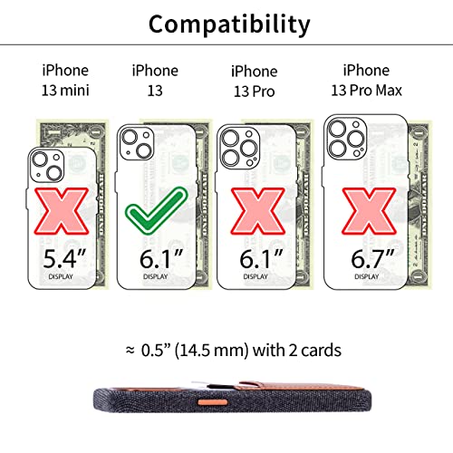 Image of Dockem Fabric Card Case for iPhone 13 with Built-in Metal Plate for Magnetic Mounting, Stitched-on Genuine Leather Wallet with 2 Credit Card /ID Slots: M2F 6.1 inch [Grey w /Light Brown]